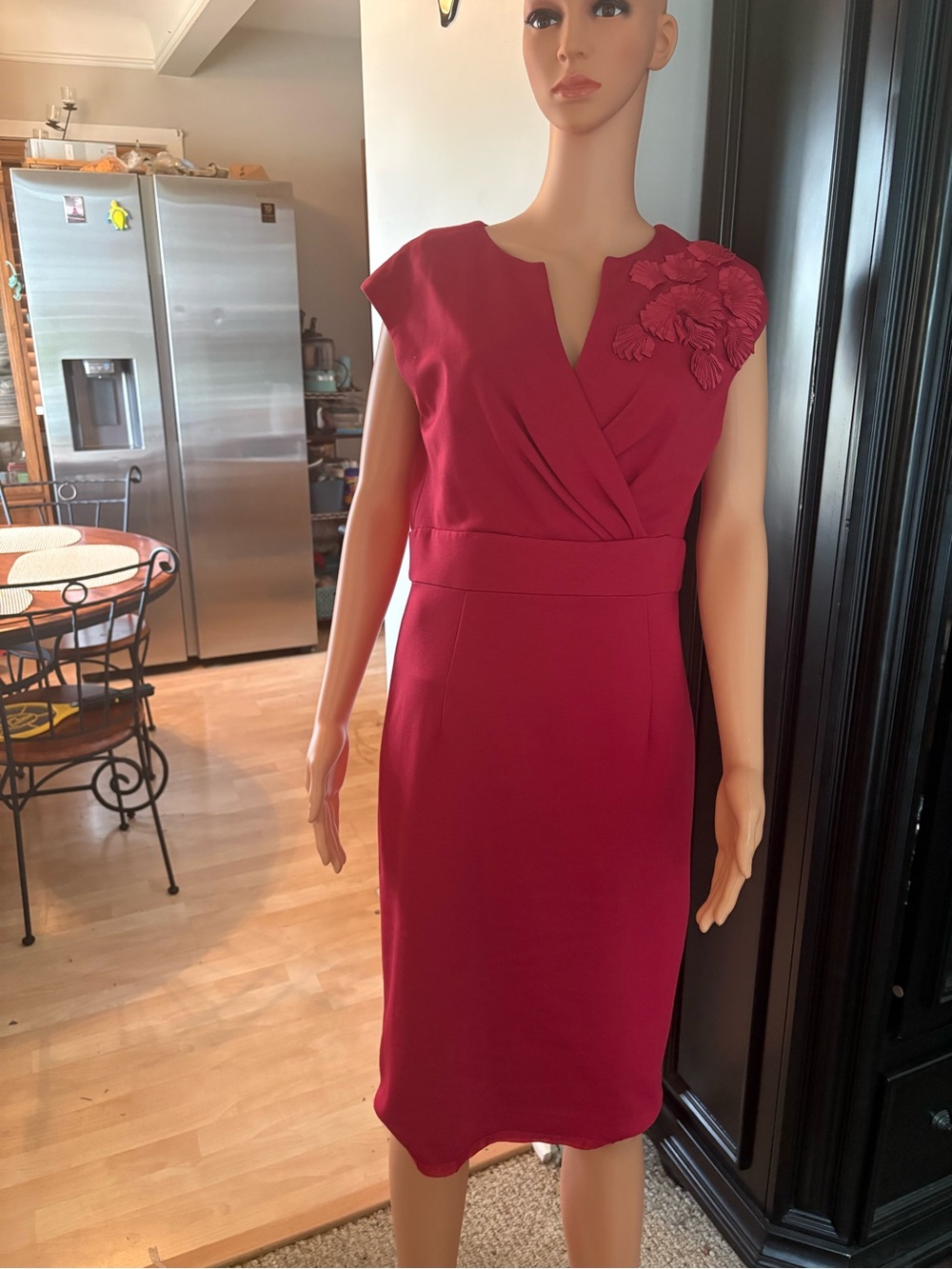 Trina Turk Raspberry Red Faux-Wrap Midi Dress with Floral Appliqué